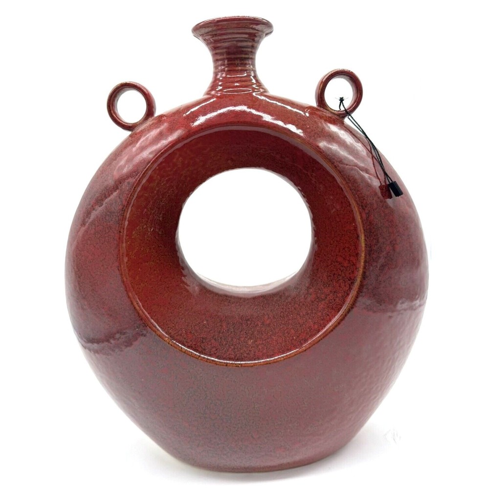 Red Glaze Art Vase Oval with Hole in Center - Red 13” length x 12” wide